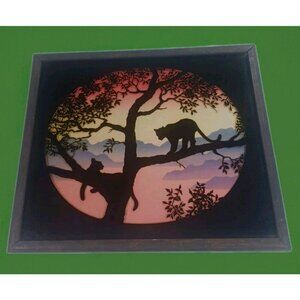 Lulu's Vintage 1977 Lion Jaguar Tiger Cubs Silhouette Shadow Box Wall Art Framed